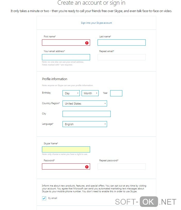 Поля для заполнения данных во время регистрации для Skype